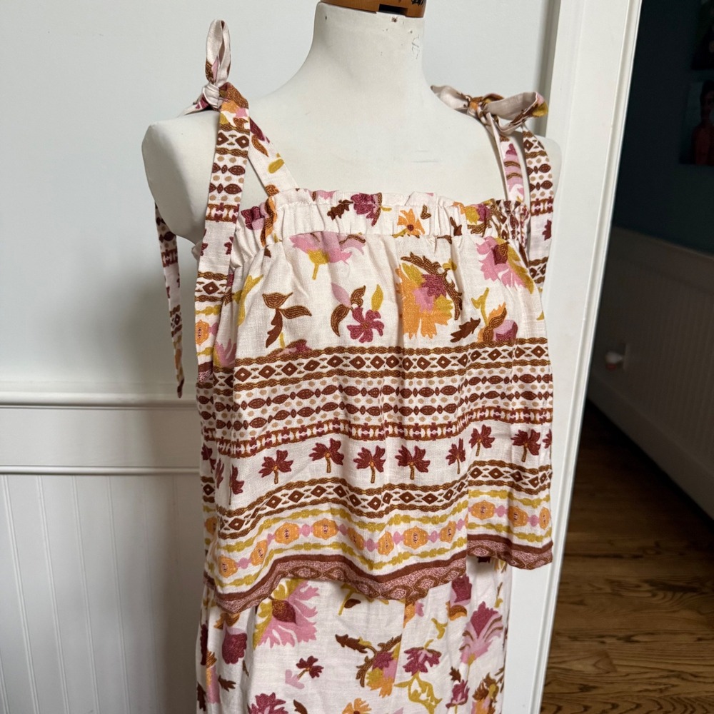 Good Luck Gem 2 Piece Set Floral Print Tank Wide Leg Pants Women's M Linen Blend - Picture 2 of 10
